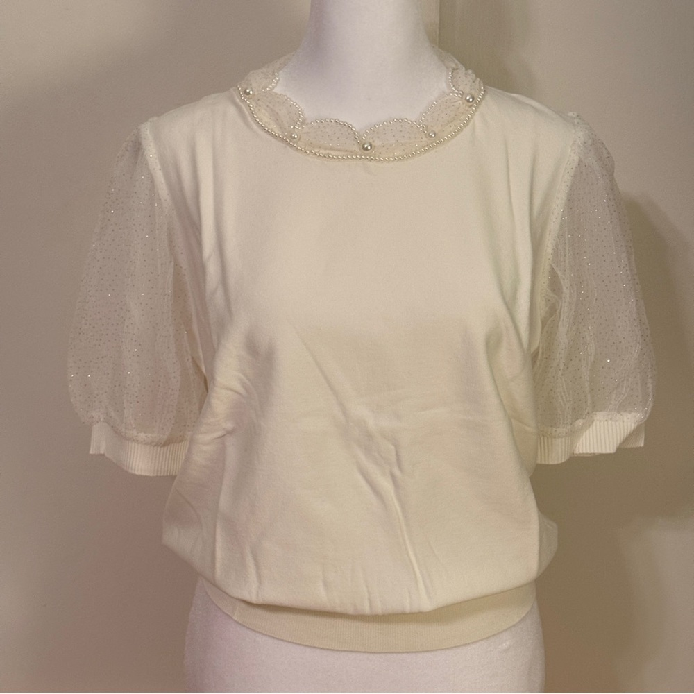 Cream Silk & Cotton Sheer Puff-Sleeve Pearl-Trim Blouse
